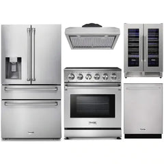Thor Kitchen 5-Piece Appliance Package - 30-Inch Electric Range, Refrigerator with Water Dispenser, Under Cabinet Hood, Dishwasher, & Wine Cooler in Stainless Steel - The Home Selection