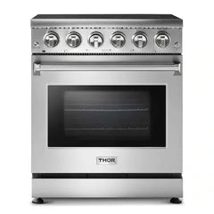 Thor Kitchen 5-Piece Appliance Package - 30-Inch Electric Range, Refrigerator with Water Dispenser, Wall Mount Hood, Dishwasher, & Microwave Drawer in Stainless Steel - The Home Selection