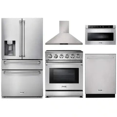 Thor Kitchen 5-Piece Appliance Package - 30-Inch Electric Range, Refrigerator with Water Dispenser, Wall Mount Hood, Dishwasher, & Microwave Drawer in Stainless Steel - The Home Selection