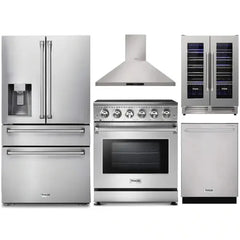 Thor Kitchen 5-Piece Appliance Package - 30-Inch Electric Range, Refrigerator with Water Dispenser, Wall Mount Hood, Dishwasher, & Wine Cooler in Stainless Steel - The Home Selection