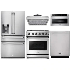 Thor Kitchen 5-Piece Appliance Package - 30-Inch Gas Range, Refrigerator with Water Dispenser, Under Cabinet Hood, Dishwasher, & Microwave Drawer in Stainless Steel - The Home Selection