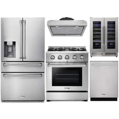 Thor Kitchen 5-Piece Appliance Package - 30-Inch Gas Range, Refrigerator with Water Dispenser, Under Cabinet Hood, Dishwasher, & Wine Cooler in Stainless Steel - The Home Selection