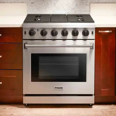 Thor Kitchen 5-Piece Appliance Package - 30-Inch Gas Range, Refrigerator with Water Dispenser, Wall Mount Hood, Dishwasher, & Wine Cooler in Stainless Steel - The Home Selection