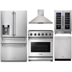 Thor Kitchen 5-Piece Appliance Package - 30-Inch Gas Range, Refrigerator with Water Dispenser, Wall Mount Hood, Dishwasher, & Wine Cooler in Stainless Steel - The Home Selection