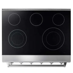 Thor Kitchen 5-Piece Appliance Package - 36" Electric Range, French Door Refrigerator, Wall Mount Hood, Dishwasher, and Microwave Drawer in Stainless Steel - The Home Selection