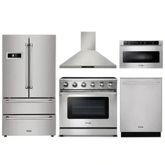 Thor Kitchen 5-Piece Appliance Package - 36" Electric Range, French Door Refrigerator, Wall Mount Hood, Dishwasher, and Microwave Drawer in Stainless Steel - The Home Selection