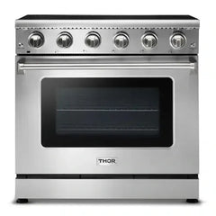 Thor Kitchen 5-Piece Appliance Package - 36-Inch Electric Range, Refrigerator with Water Dispenser, Dishwasher, Microwave Drawer, & Wine Cooler in Stainless Steel - The Home Selection