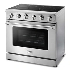 Thor Kitchen 5-Piece Appliance Package - 36-Inch Electric Range, Refrigerator with Water Dispenser, Under Cabinet Hood, Dishwasher, & Microwave Drawer in Stainless Steel - The Home Selection