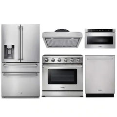 Thor Kitchen 5-Piece Appliance Package - 36-Inch Electric Range, Refrigerator with Water Dispenser, Under Cabinet Hood, Dishwasher, & Microwave Drawer in Stainless Steel - The Home Selection