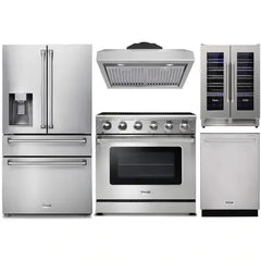 Thor Kitchen 5-Piece Appliance Package - 36-Inch Electric Range, Refrigerator with Water Dispenser, Under Cabinet Hood, Dishwasher, & Wine Cooler in Stainless Steel - The Home Selection