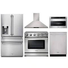Thor Kitchen 5-Piece Appliance Package - 36-Inch Electric Range, Refrigerator with Water Dispenser, Wall Mount Hood, Dishwasher, & Microwave Drawer in Stainless Steel - The Home Selection