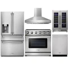 Thor Kitchen 5-Piece Appliance Package - 36-Inch Electric Range, Refrigerator with Water Dispenser, Wall Mount Hood, Dishwasher, & Wine Cooler in Stainless Steel - The Home Selection