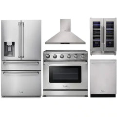 Thor Kitchen 5-Piece Appliance Package - 36-Inch Electric Range, Refrigerator with Water Dispenser, Wall Mount Hood, Dishwasher, & Wine Cooler in Stainless Steel - The Home Selection