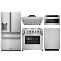 Thor Kitchen 5-Piece Appliance Package - 36-Inch Gas Range, Refrigerator with Water Dispenser, Under Cabinet Hood, Dishwasher, & Microwave Drawer in Stainless Steel - The Home Selection