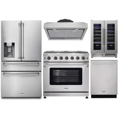 Thor Kitchen 5-Piece Appliance Package - 36-Inch Gas Range, Refrigerator with Water Dispenser, Under Cabinet Hood, Dishwasher, & Wine Cooler in Stainless Steel - The Home Selection