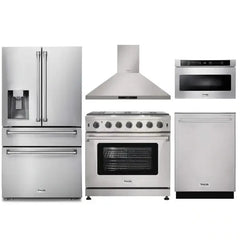 Thor Kitchen 5-Piece Appliance Package - 36-Inch Gas Range, Refrigerator with Water Dispenser, Wall Mount Hood, Dishwasher, & Microwave Drawer in Stainless Steel - The Home Selection