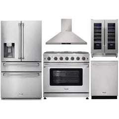 Thor Kitchen 5-Piece Appliance Package - 36-Inch Gas Range, Refrigerator with Water Dispenser, Wall Mount Hood, Dishwasher, & Wine Cooler in Stainless Steel - The Home Selection
