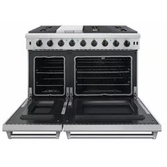 Thor Kitchen 5-Piece Appliance Package - 48" Gas Range, French Door Refrigerator, Pro Wall Mount Hood, Dishwasher, and Microwave Drawer in Stainless Steel - The Home Selection