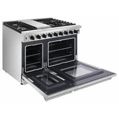 Thor Kitchen 5-Piece Appliance Package - 48" Gas Range, French Door Refrigerator, Pro Wall Mount Hood, Dishwasher, and Microwave Drawer in Stainless Steel - The Home Selection