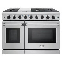 Thor Kitchen 5-Piece Appliance Package - 48-Inch Gas Range, Pro Wall Mount Hood, Refrigerator with Water Dispenser, Dishwasher, & Wine Cooler in Stainless Steel - The Home Selection
