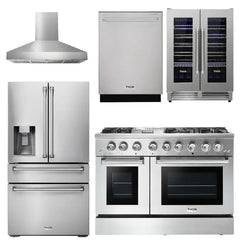 Thor Kitchen 5-Piece Appliance Package - 48-Inch Gas Range, Pro Wall Mount Hood, Refrigerator with Water Dispenser, Dishwasher, & Wine Cooler in Stainless Steel - The Home Selection