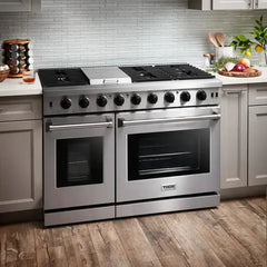 Thor Kitchen 5-Piece Appliance Package - 48-Inch Gas Range, Refrigerator with Water Dispenser, Dishwasher, & Wine Cooler in Stainless Steel - The Home Selection
