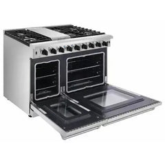Thor Kitchen 5-Piece Appliance Package - 48-Inch Gas Range, Refrigerator with Water Dispenser, Pro Wall Mount Hood, Dishwasher, & Microwave Drawer in Stainless Steel - The Home Selection