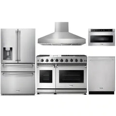 Thor Kitchen 5-Piece Appliance Package - 48-Inch Gas Range, Refrigerator with Water Dispenser, Pro Wall Mount Hood, Dishwasher, & Microwave Drawer in Stainless Steel - The Home Selection