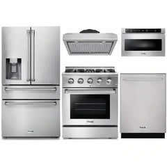 Thor Kitchen 5-Piece Pro Appliance Package - 30-Inch Dual Fuel Range, Refrigerator with Water Dispenser, Under Cabinet Hood, Dishwasher, & Microwave Drawer in Stainless Steel - The Home Selection