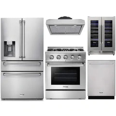 Thor Kitchen 5-Piece Pro Appliance Package - 30-Inch Dual Fuel Range, Refrigerator with Water Dispenser, Under Cabinet Hood, Dishwasher, & Wine Cooler in Stainless Steel - The Home Selection