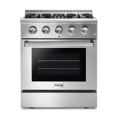 Thor Kitchen 5-Piece Pro Appliance Package - 30-Inch Dual Fuel Range, Refrigerator with Water Dispenser, Wall Mount Hood, Dishwasher, & Microwave Drawer in Stainless Steel - The Home Selection