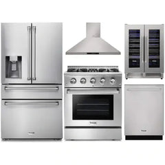 Thor Kitchen 5-Piece Pro Appliance Package - 30-Inch Dual Fuel Range, Refrigerator with Water Dispenser, Wall Mount Hood, Dishwasher, & Wine Cooler in Stainless Steel - The Home Selection