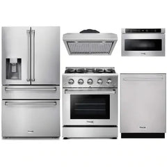 Thor Kitchen 5-Piece Pro Appliance Package - 30-Inch Gas Range, Refrigerator with Water Dispenser, Under Cabinet Hood, Dishwasher, & Microwave Drawer in Stainless Steel - The Home Selection