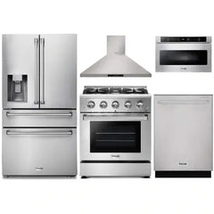 Thor Kitchen 5-Piece Pro Appliance Package - 30-Inch Gas Range, Refrigerator with Water Dispenser, Wall Mount Hood, Dishwasher, & Microwave Drawer in Stainless Steel - The Home Selection