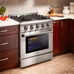 Thor Kitchen 5-Piece Pro Appliance Package - 30-Inch Gas Range, Refrigerator with Water Dispenser, Wall Mount Hood, Dishwasher, & Wine Cooler in Stainless Steel - The Home Selection