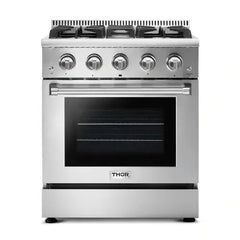 Thor Kitchen 5-Piece Pro Appliance Package - 30-Inch Gas Range, Refrigerator with Water Dispenser, Wall Mount Hood, Dishwasher, & Wine Cooler in Stainless Steel - The Home Selection
