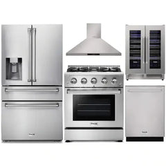 Thor Kitchen 5-Piece Pro Appliance Package - 30-Inch Gas Range, Refrigerator with Water Dispenser, Wall Mount Hood, Dishwasher, & Wine Cooler in Stainless Steel - The Home Selection