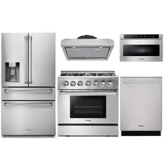 Thor Kitchen 5-Piece Pro Appliance Package - 36-Inch Dual Fuel Range, Refrigerator with Water Dispenser, Under Cabinet Hood, Dishwasher, & Microwave Drawer in Stainless Steel - The Home Selection