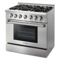 Thor Kitchen 5-Piece Pro Appliance Package - 36-Inch Dual Fuel Range, Refrigerator with Water Dispenser, Under Cabinet Hood, Dishwasher, & Wine Cooler in Stainless Steel - The Home Selection
