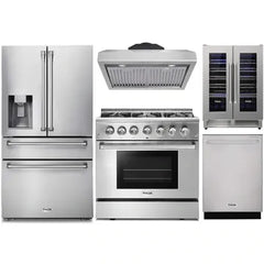Thor Kitchen 5-Piece Pro Appliance Package - 36-Inch Dual Fuel Range, Refrigerator with Water Dispenser, Under Cabinet Hood, Dishwasher, & Wine Cooler in Stainless Steel - The Home Selection