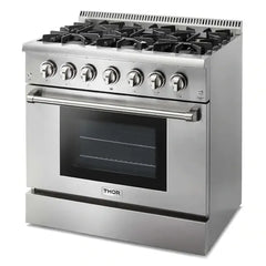 Thor Kitchen 5-Piece Pro Appliance Package - 36-Inch Dual Fuel Range, Refrigerator with Water Dispenser, Wall Mount Hood, Dishwasher, & Wine Cooler in Stainless Steel - The Home Selection