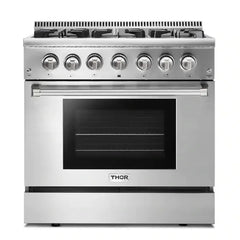 Thor Kitchen 5-Piece Pro Appliance Package - 36-Inch Dual Fuel Range, Refrigerator with Water Dispenser, Wall Mount Hood, Dishwasher, & Wine Cooler in Stainless Steel - The Home Selection