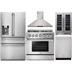 Thor Kitchen 5-Piece Pro Appliance Package - 36-Inch Dual Fuel Range, Refrigerator with Water Dispenser, Wall Mount Hood, Dishwasher, & Wine Cooler in Stainless Steel - The Home Selection