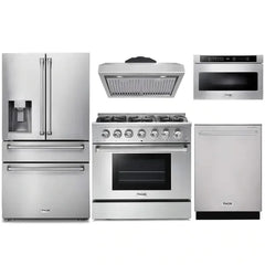 Thor Kitchen 5-Piece Pro Appliance Package - 36-Inch Gas Range, Refrigerator with Water Dispenser, Under Cabinet Hood, Dishwasher, & Microwave Drawer in Stainless Steel - The Home Selection