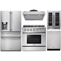 Thor Kitchen 5-Piece Pro Appliance Package - 36-Inch Gas Range, Refrigerator with Water Dispenser, Under Cabinet Hood, Dishwasher, & Wine Cooler in Stainless Steel - The Home Selection