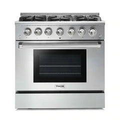 Thor Kitchen 5-Piece Pro Appliance Package - 36-Inch Gas Range, Refrigerator with Water Dispenser, Wall Mount Hood, Dishwasher, & Microwave Drawer in Stainless Steel - The Home Selection