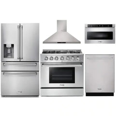 Thor Kitchen 5-Piece Pro Appliance Package - 36-Inch Gas Range, Refrigerator with Water Dispenser, Wall Mount Hood, Dishwasher, & Microwave Drawer in Stainless Steel - The Home Selection