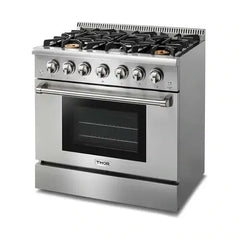 Thor Kitchen 5-Piece Pro Appliance Package - 36-Inch Gas Range, Refrigerator with Water Dispenser, Wall Mount Hood, Dishwasher, & Wine Cooler in Stainless Steel - The Home Selection