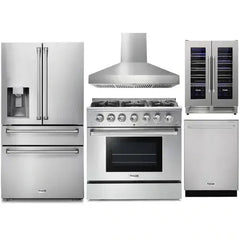 Thor Kitchen 5-Piece Pro Appliance Package - 36-Inch Gas Range, Refrigerator with Water Dispenser, Wall Mount Hood, Dishwasher, & Wine Cooler in Stainless Steel - The Home Selection