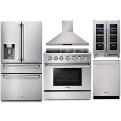 Thor Kitchen 5-Piece Pro Appliance Package - 36-Inch Gas Range, Refrigerator with Water Dispenser, Wall Mount Hood, Dishwasher, & Wine Cooler in Stainless Steel - The Home Selection